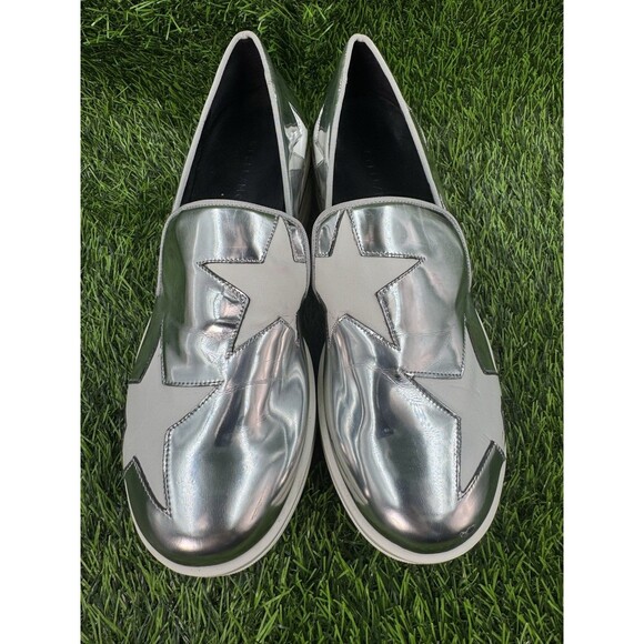 STELLA MCCARTNEY Silver Metallic Faux Leather Binx Star Platform Slip On Shoes 7 - Picture 2 of 16